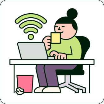 GoCompare cartoon of lady at a desk doing a speed test